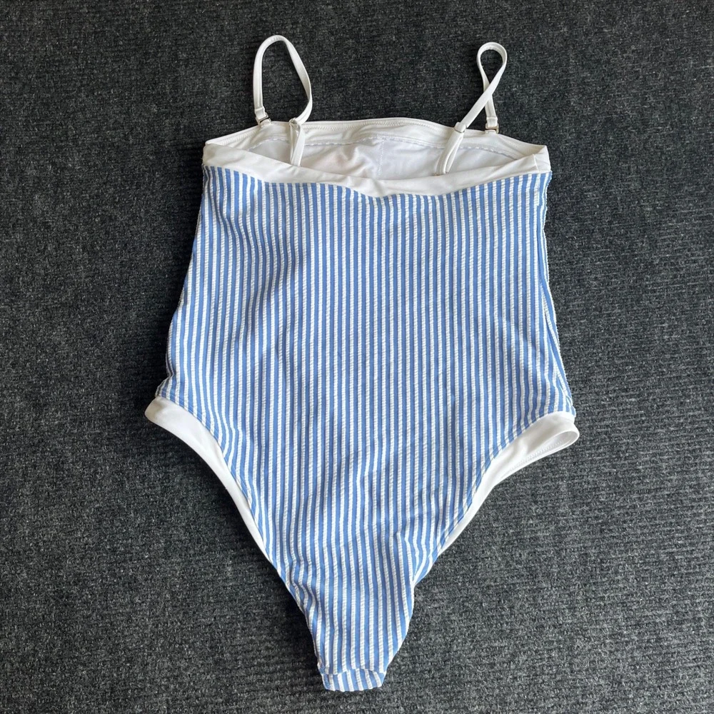 Abercrombie & Fitch 1 Piece Swimsuit Womens L Blue White Seersucker Striped NWOT